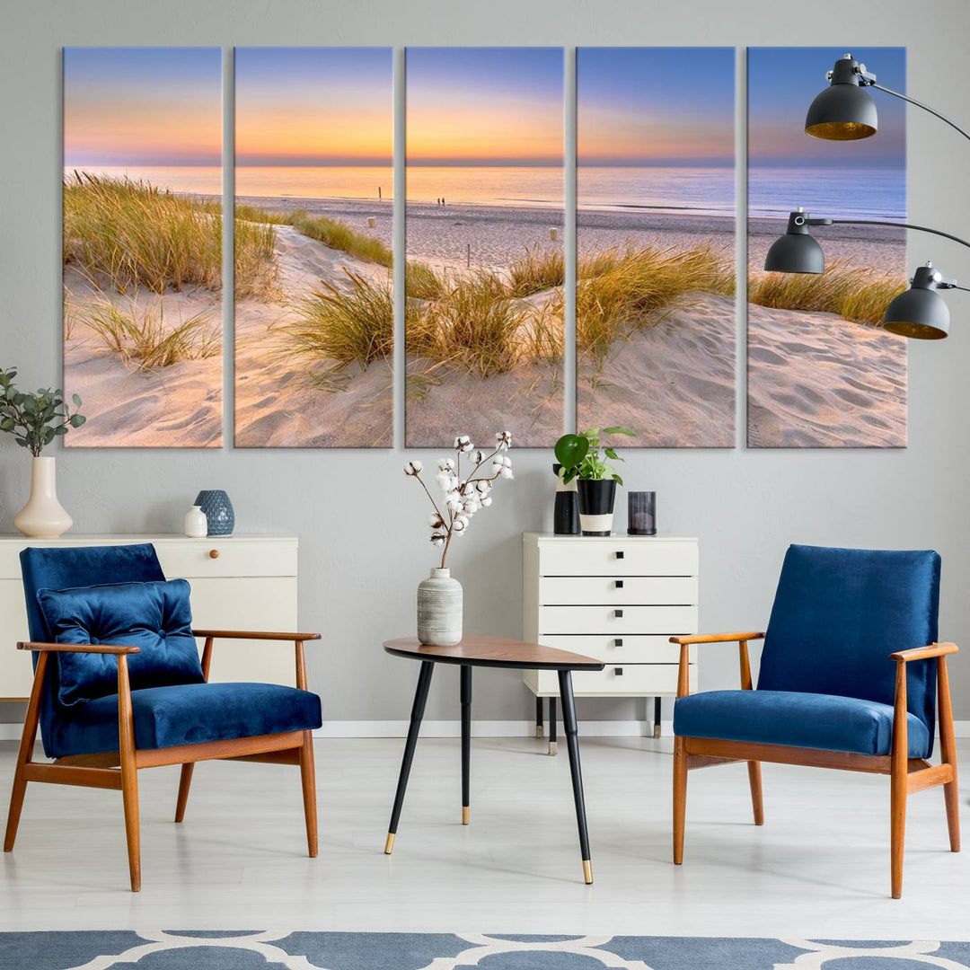 The "Sunset Silence on the Beach" wall art canvas print features a serene beach scene at sunset on museum-quality canvas with a UV-protective coating.