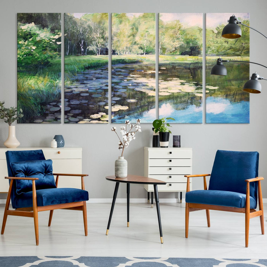 The "Forest Pond River Lake Wall Art Canvas Print" showcases a serene lakeside landscape with trees and water lilies. Crafted on museum-quality canvases and enhanced with UV-protective coating, this piece serves as an elegant addition to any space.