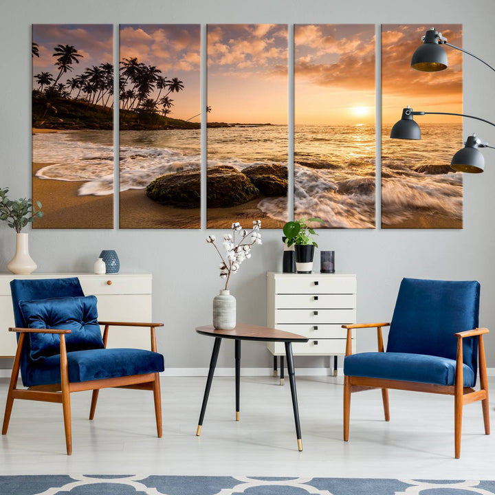 The "Tropical Island Sunset Sunrise Wall Art Canvas Print" is a stunning triptych that showcases a tranquil beach sunset complete with waves and palm trees. Each canvas piece is meticulously hand-assembled and framed using museum-quality polycotton with a UV-protective coating to ensure enduring beauty.