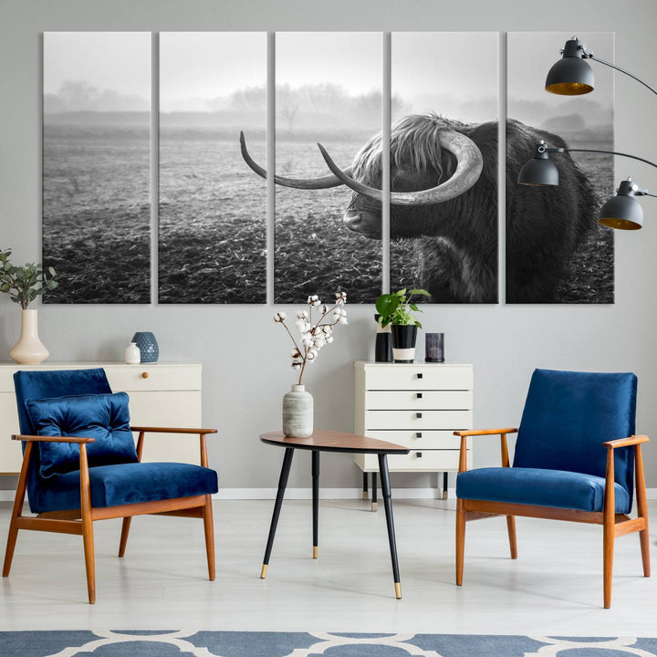 The living room features a three-panel wall art of a highland cow in a foggy field, using the Cow Wall Art Canvas Print for visual impact. This museum-quality canvas includes UV-protective coating to ensure longevity.