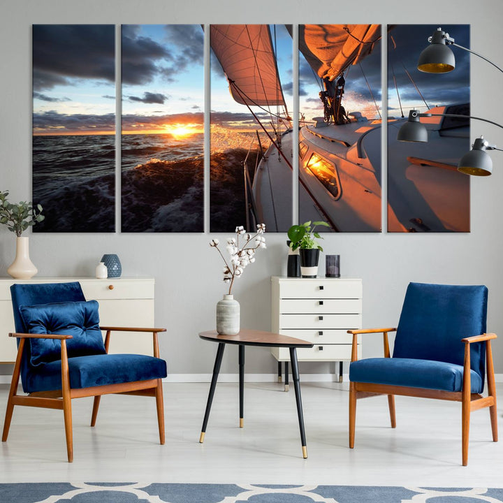 The modern living room is adorned with the Ocean Sunset Sailboat Wall Art, a triptych crafted on museum-quality canvas featuring UV-protective coating for lasting vibrancy.