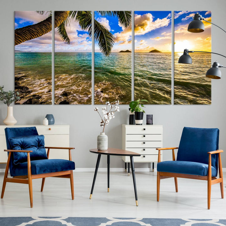 The Sunset Lake View Wall Art Canvas Print, gallery wrapped on a museum-quality canvas, enhances the vibrant living room decor with its UV-protective coating.