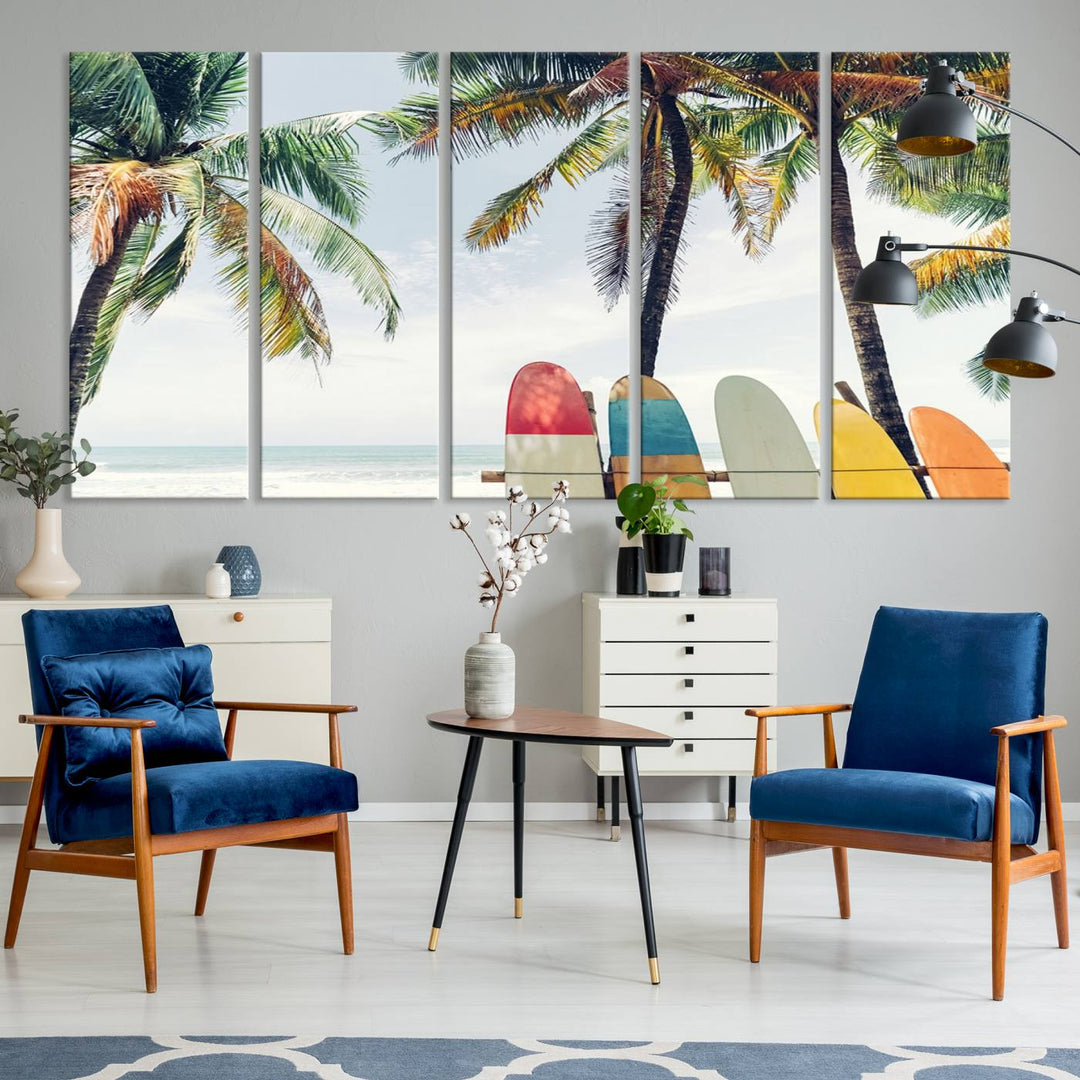 The room showcases The Palm and Surfing Board Wall Art Canvas Print, a triptych of palm trees and surfboards by the beach, elegantly gallery wrapped for a sophisticated finish.