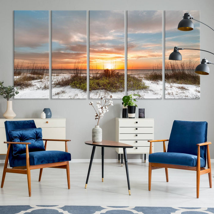 The Beach Ocean Sunset Sand Wall Art Canvas Print is expertly crafted on museum-quality canvases with a UV-protective coating.