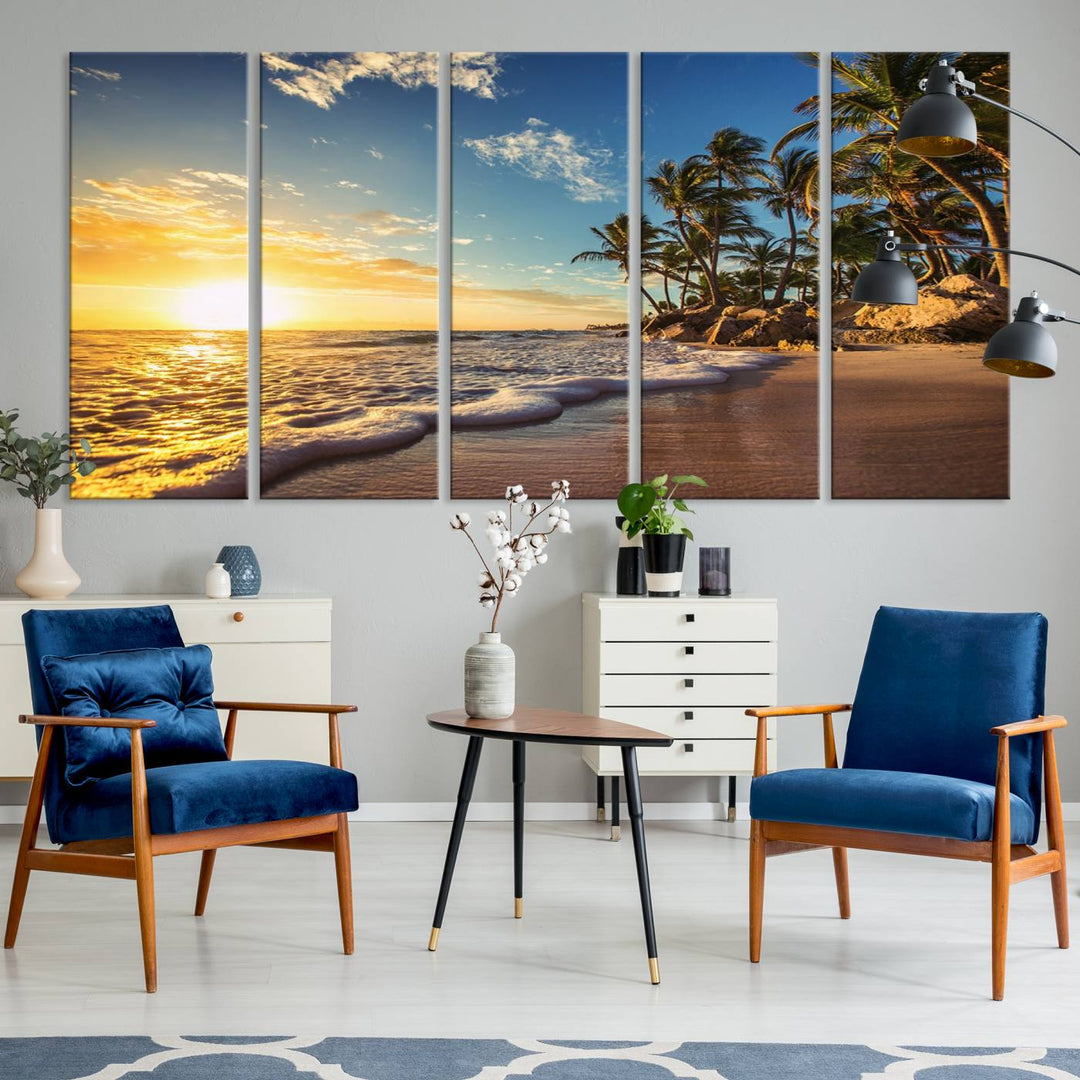 The wall features a Sunset Ocean View Beach Canvas Print, showcasing museum-quality craftsmanship by professional artisans.