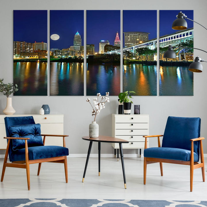 Cleveland City Lights Night Skyline, a stunning triptych wall art cityscape canvas print with museum-quality UV-protective coating, is beautifully showcased.