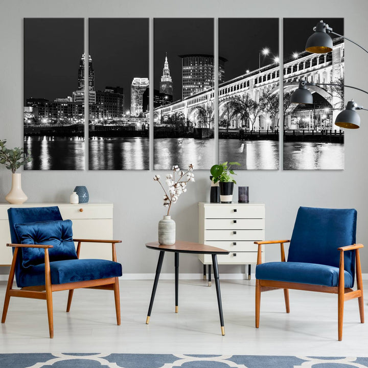 Enhance your space with the Cleveland Night Skyline Wall Art City Cityscape Canvas Print, a museum-quality black and white triptych. This ready-to-hang masterpiece is designed to elevate any room's aesthetic.