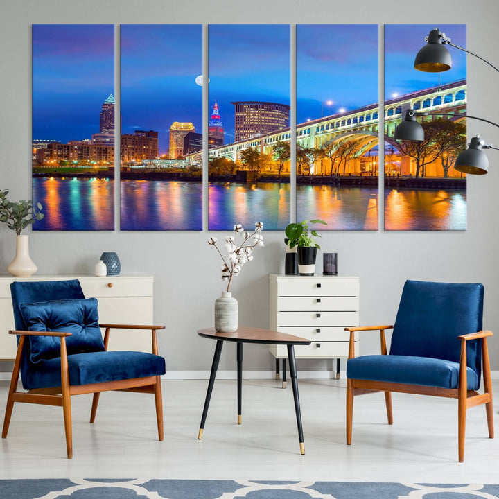 The Cleveland Night Skyline Wall Art City Cityscape Canvas Print portrays a city skyline and bridge lit up against the night sky. This artwork is printed on museum-quality canvas with a gallery-wrapped finish and features a UV-protective coating to ensure lasting vibrancy.