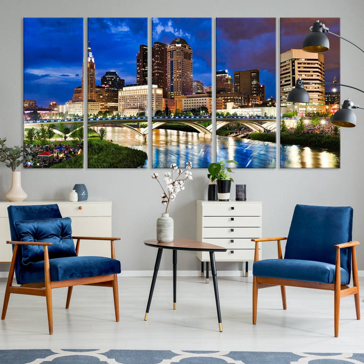 The Columbus City Lights Night Bright Blue Cloudy Skyline Cityscape View Wall Art Canvas Print, crafted on museum-quality canvas and finished with a UV-protective coating, adorns the wall.