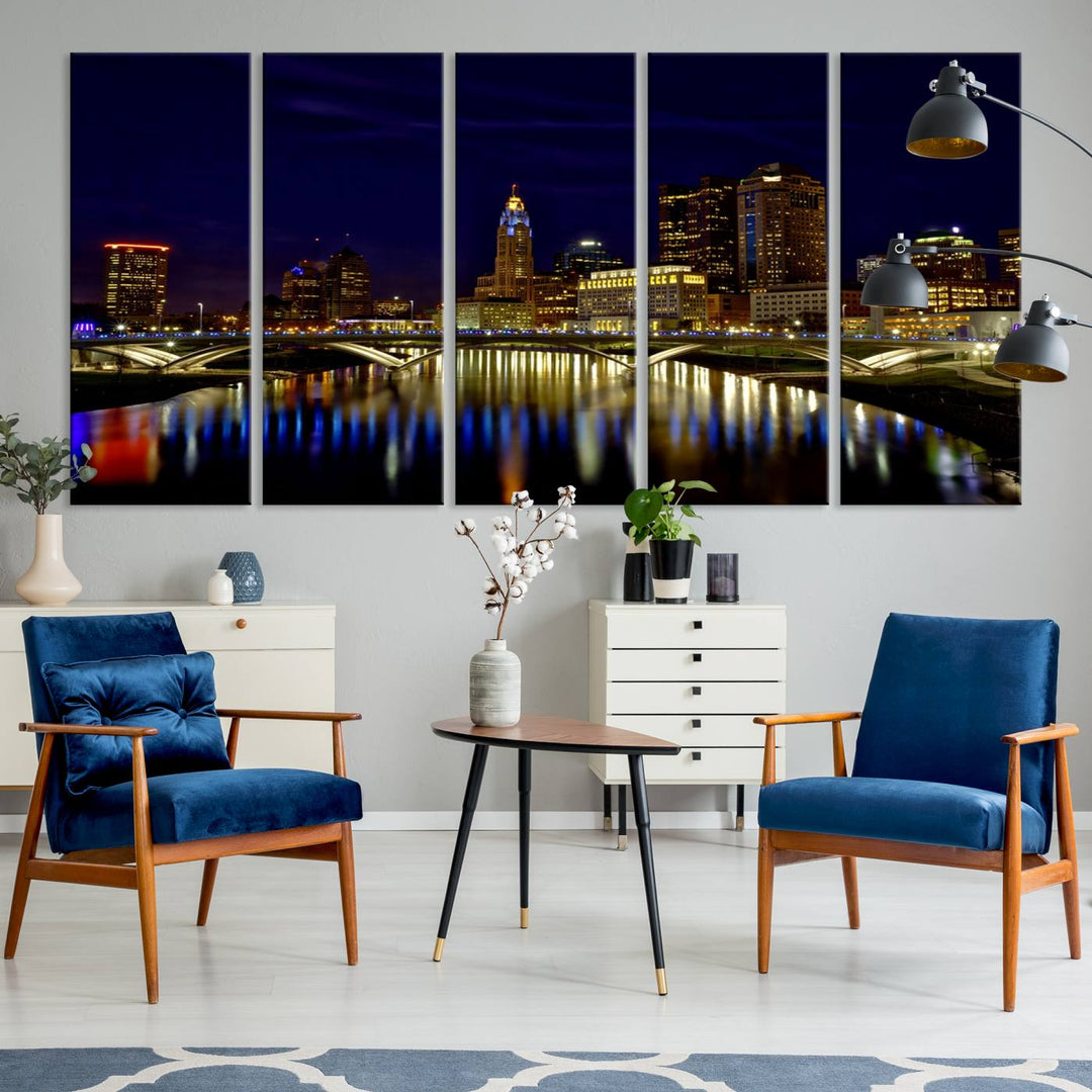 The "Columbus City Lights Night Skyline Cityscape View Wall Art Canvas Print" showcases a stunning city skyline at night, with illuminated buildings and bridges reflecting in the river, on a museum-quality canvas ready to hang.