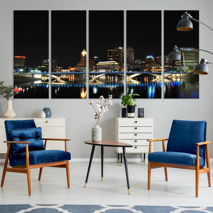 The "Columbus City Lights Night Skyline Cityscape View Wall Art Canvas Print" elegantly decorates the area, presented on museum-quality canvases that feature UV-protective coating to maintain their vibrant appearance.