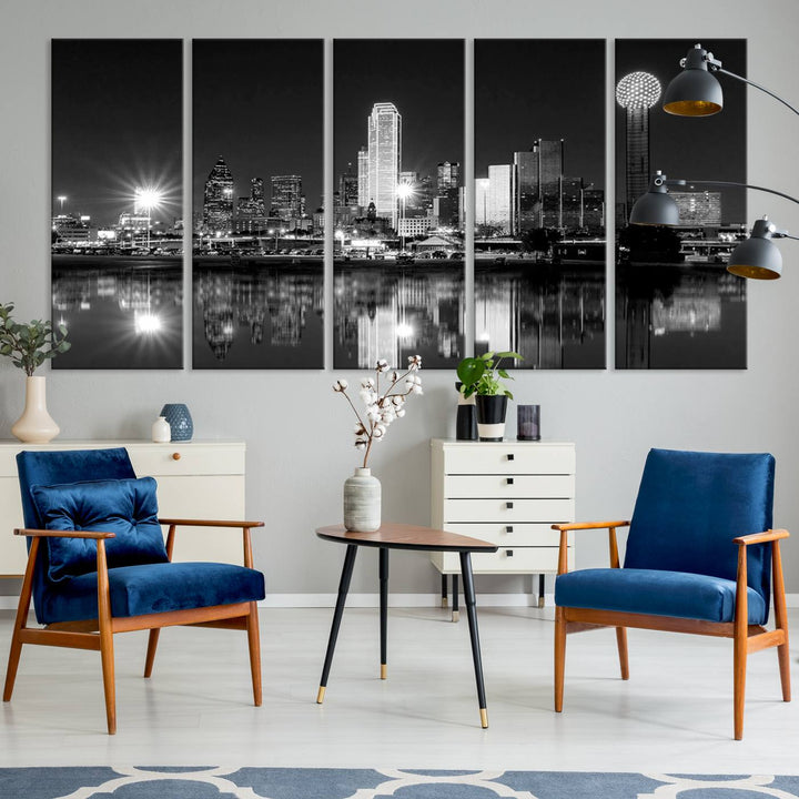 The living room showcases the Dallas City Lights Skyline Black and White Wall Art Cityscape Canvas Print. This museum-quality artwork is ready to hang and features a UV-protective coating to maintain its vibrant colors.