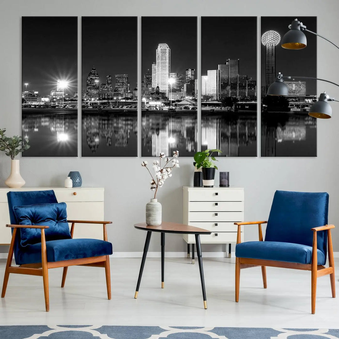 The Dallas City Lights Skyline Black and White Wall Art Cityscape Canvas Print is a striking addition to any space. These museum-quality canvases feature a UV-protective coating to maintain their beauty over time. Enjoy the convenience of free shipping when you choose this elegant piece for your home.