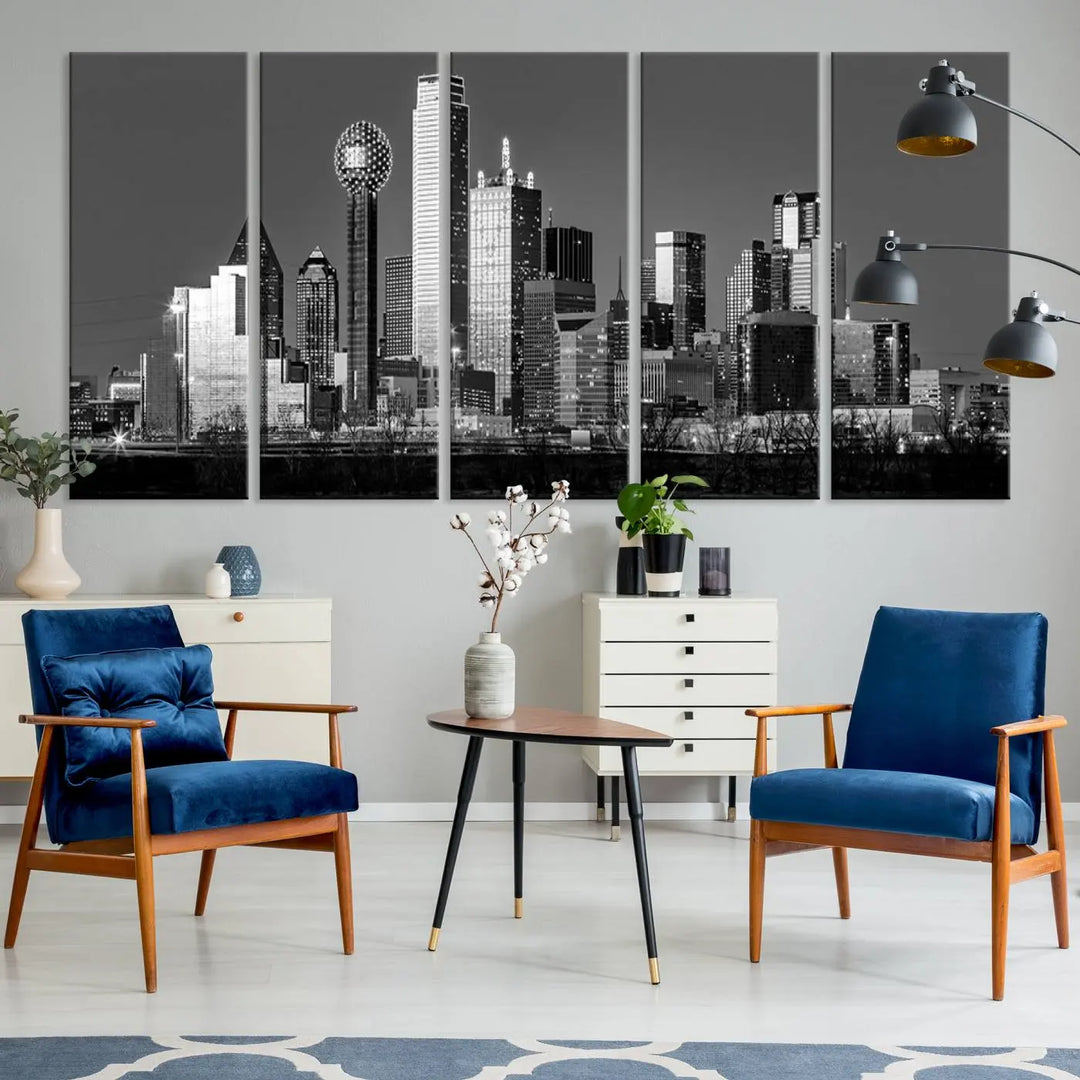 A black and white triptych of the Dallas city skyline is displayed, crafted on museum-quality canvas. This wall art piece is ready to hang, with each component adorned with a UV-protective coating to maintain its captivating appeal.