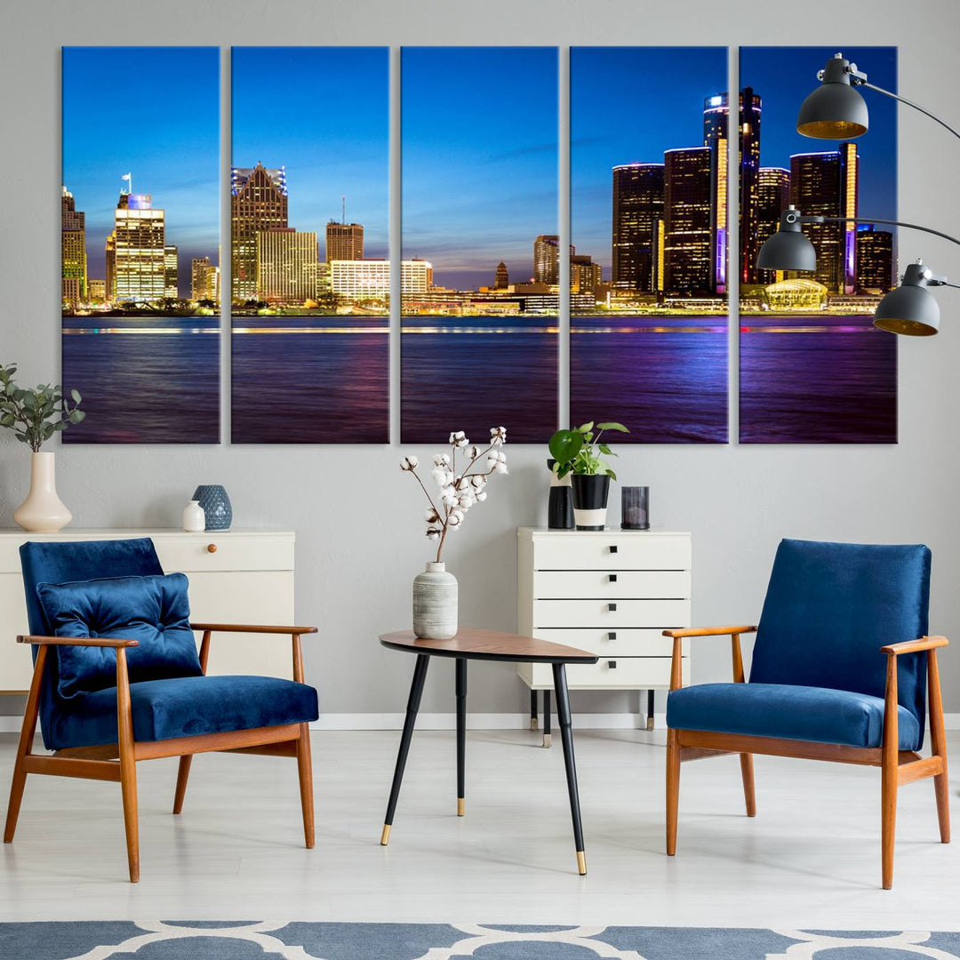 The living room features a breathtaking canvas print titled "Detroit City Lights Night Bright Blue Skyline Cityscape View," presented in a stunning triptych format on museum-quality canvases that are ready to hang.