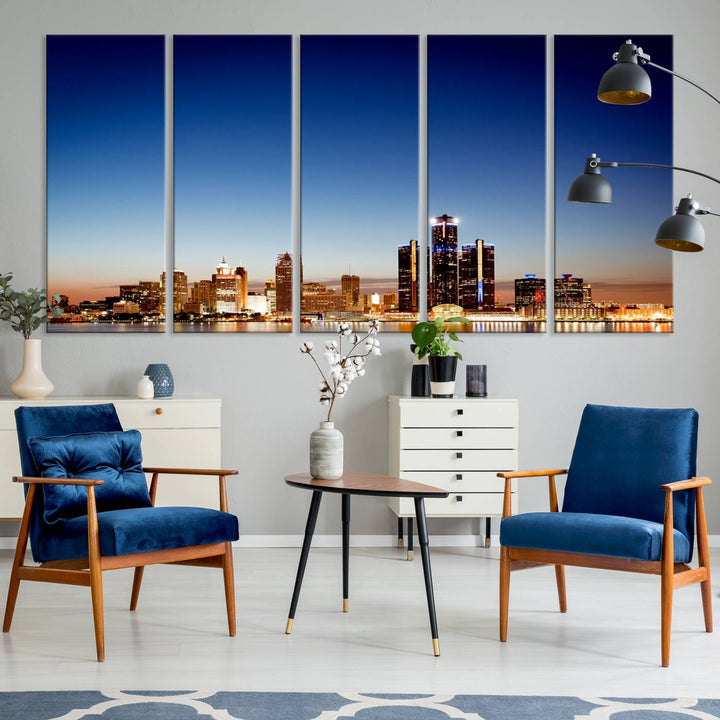 The Detroit City Lights Sunrise Skyline Cityscape View Wall Art Canvas Print adorns the modern living room. Crafted on museum-quality canvas with a UV-protective coating, this piece is ready to hang and elegantly elevates your décor.