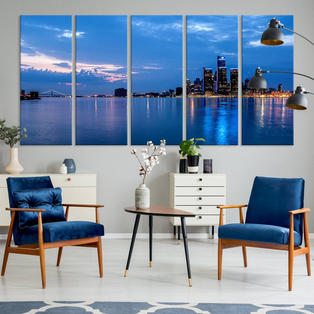 The "Detroit City Lights Night Blue Cloudy Skyline Cityscape View" wall art, displayed on museum-quality canvases, is split into three gallery-wrapped panels.