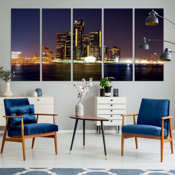 The Detroit City Lights Night Skyline Cityscape View Wall Art Canvas Print, elegantly split into three panels, is made from museum-quality pollycotton and gallery wrapped for a sophisticated touch. It is available with free shipping to effortlessly elevate your space.