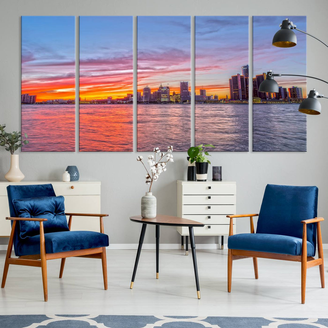 The Detroit City Lights Sunset Colorful Cloudy Skyline Cityscape View Wall Art Canvas Print showcases a vibrant city skyline at sunset over water. The artwork is museum-quality, comes ready to hang, and features a UV-protective coating to preserve its vivid colors.