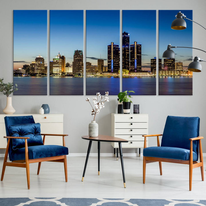 The "Detroit City Lights Sunrise Skyline Cityscape View Wall Art Canvas Print" on the wall is a triptych gallery-wrapped on museum-quality canvas, adding an elegant touch to the space.