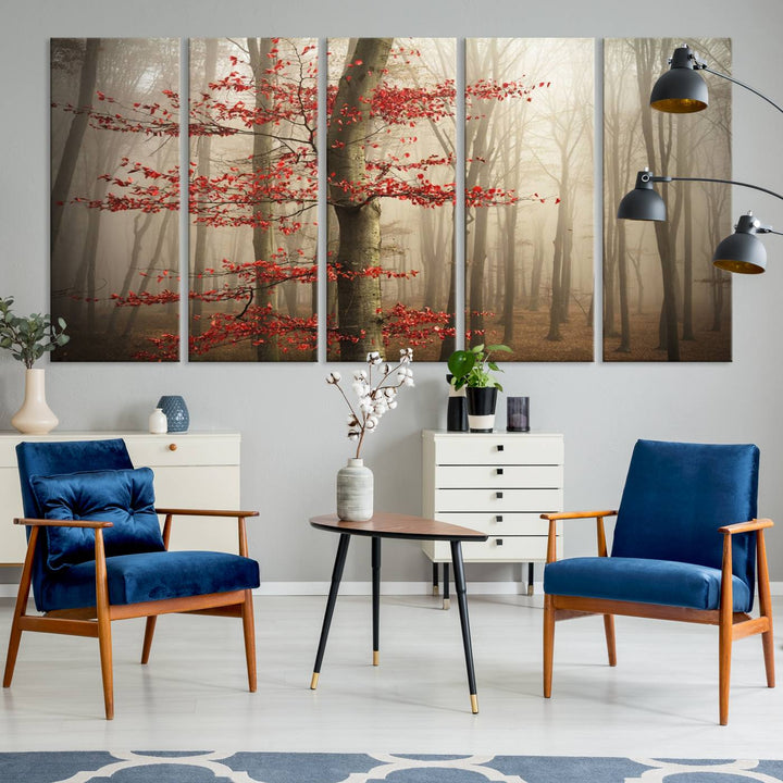 The living room features the Foggy Forest Wall Art, an Autumn Trees Canvas Print that showcases a serene nature scene with foggy woodland decor and a tree adorned in vibrant red leaves.