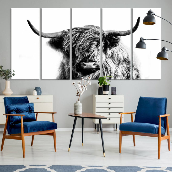 The Scottish Highland Cow Cattle Art Print Farmhouse Wall Art Canvas Print enhances rustic farmhouse decor with its depiction of a long-haired, large-horned cow. This triptych is an ideal choice for chic wall art.