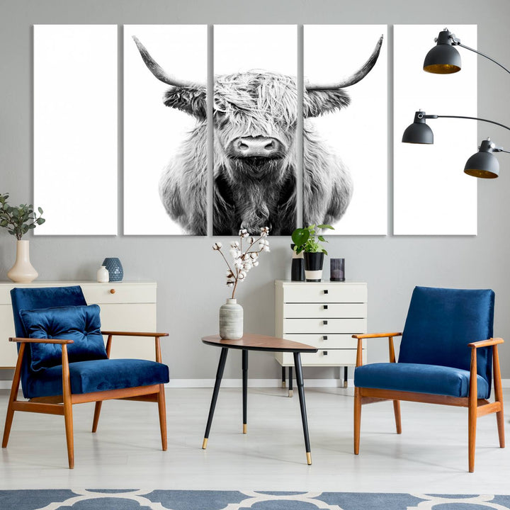 The wall art features a triptych of a Scottish Highland cow, printed on museum-quality canvases with a UV-protective coating. This decorative piece is known as the Highland Cow Canvas Wall Art Farm House Wall Art.