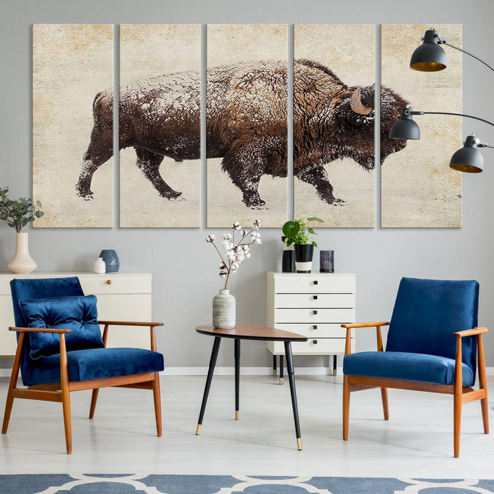 The "Buffalo Wall Art" canvas print, featuring a Western bison, hangs prominently, infusing the space with rustic cowboy and Western decor.