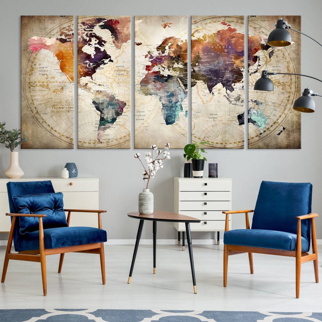 A World Map Wall Art Canvas Print featuring vibrant colors is crafted on museum-quality canvas, adding a touch of elegance to the room.