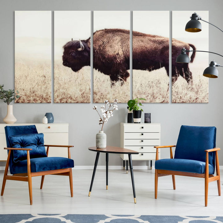 A stylish living room showcases the captivating "Bison in Field" Wall Art Canvas Print as farmhouse decor.