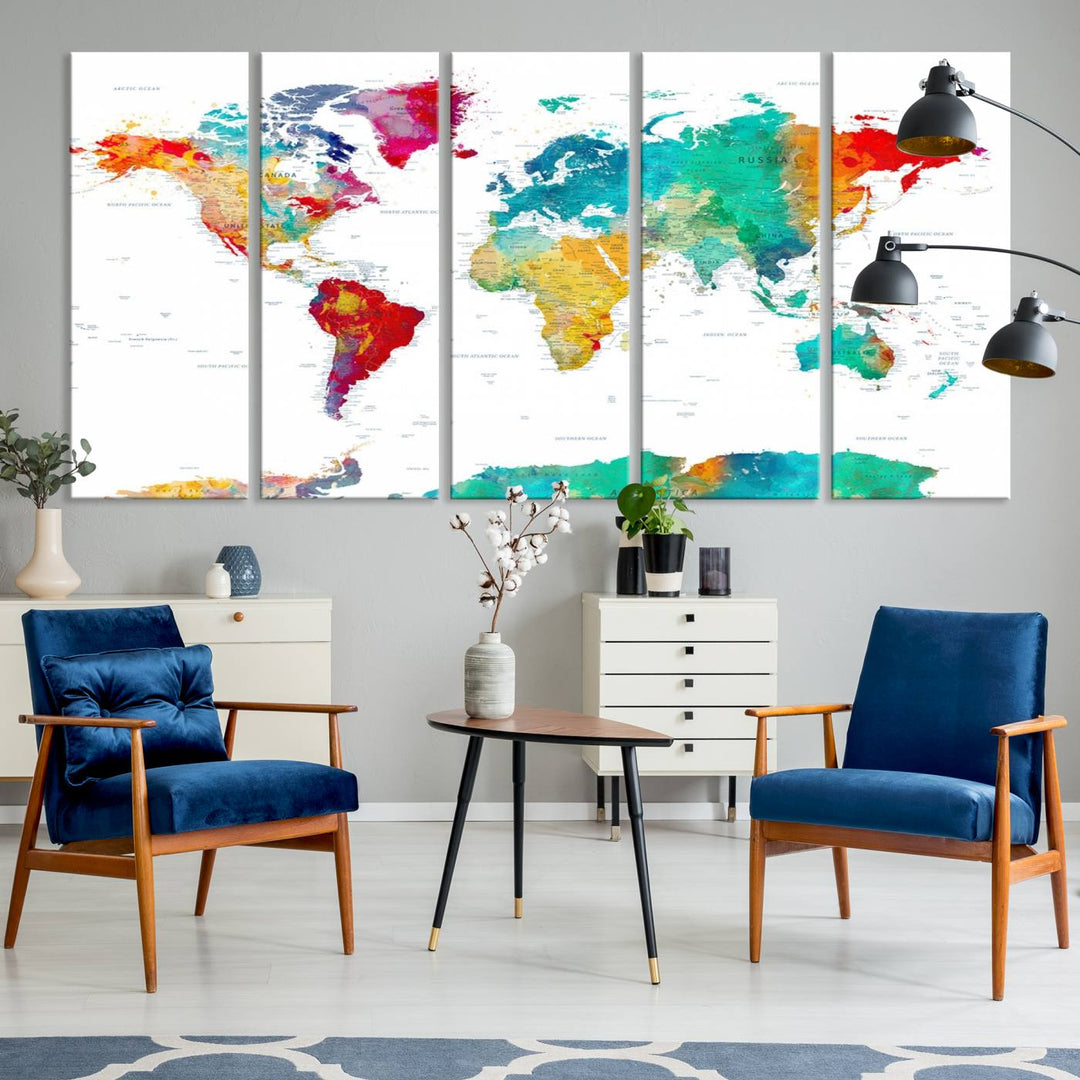 A stunning Colorful World Map Triptych Canvas Print, featuring a ready-to-hang framed design, adds vibrancy and modern flair to the space, effortlessly elevating the entire home décor.