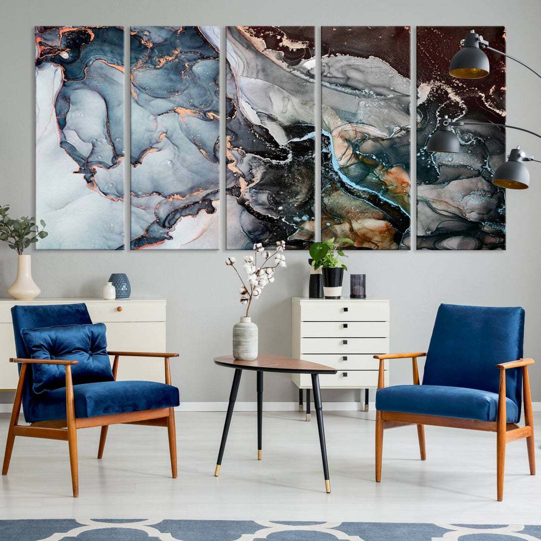 The Mix Color Large Abstract Marble Wall Art Canvas Print is printed on museum-quality canvas. It features a UV-protective coating and is ready to hang, adding elegance to the room.