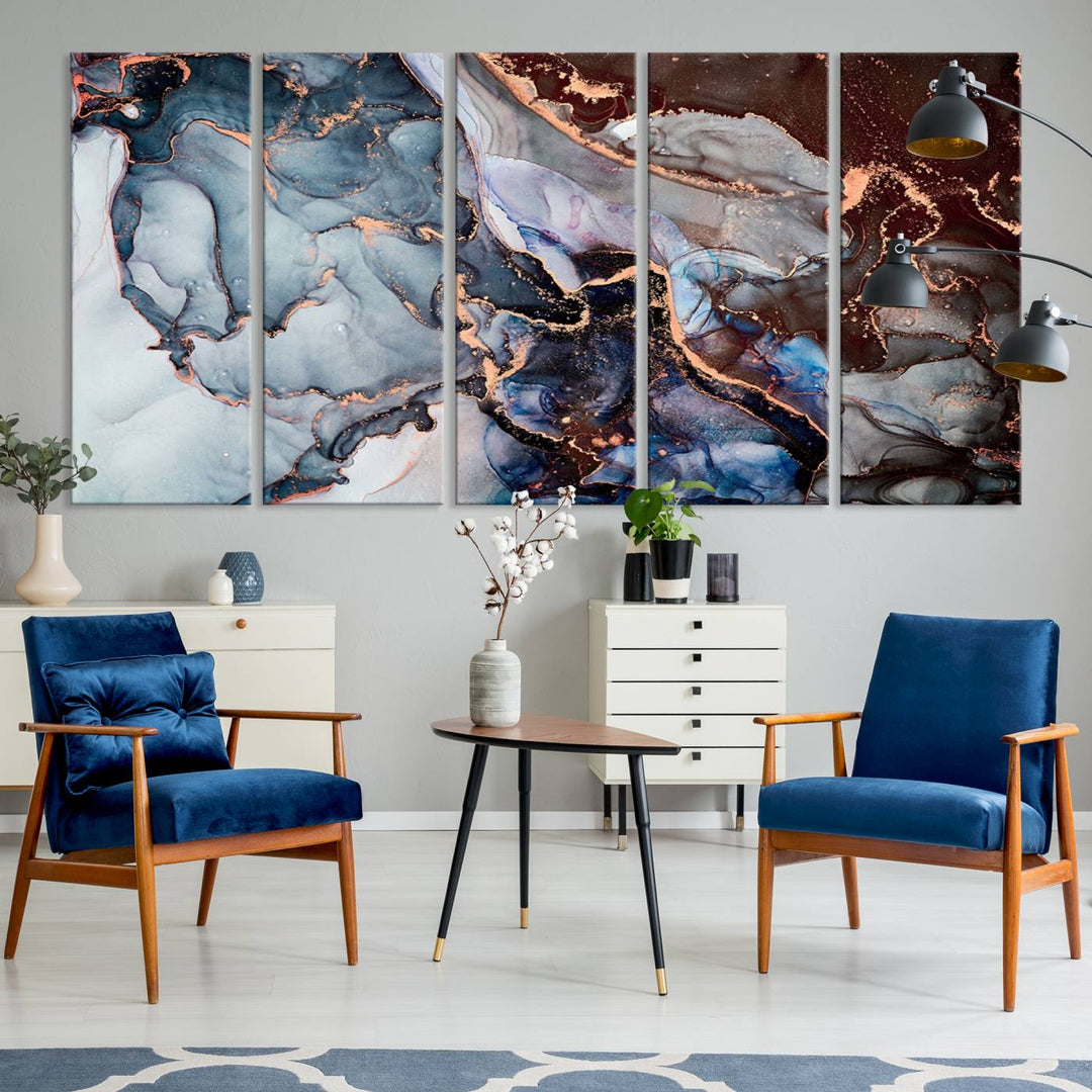 Brown Blue Abstract Marble Wall Art Canvas Print