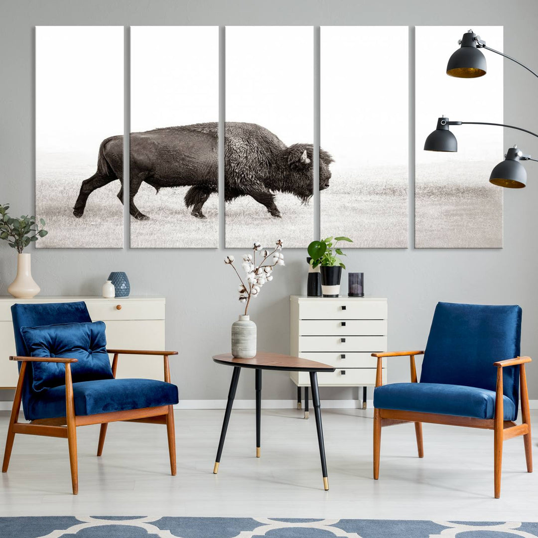 American Bison in Grasslands Triptych Canvas Wall Art – Western-Inspired Nature Decor for Home or Office