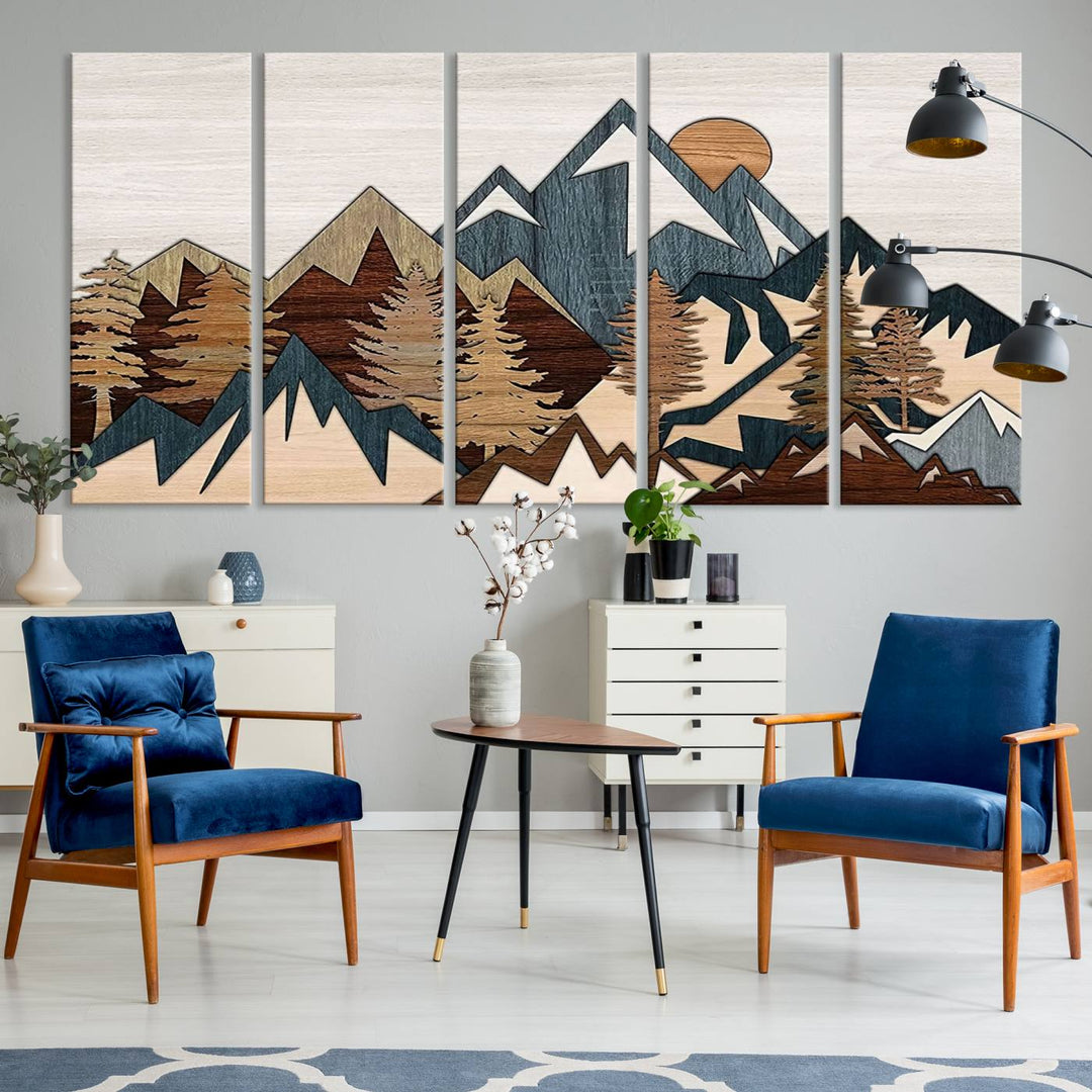 Woodland Mountain Landscape Triptych, Giclee Canvas Art for Modern Home, Rustic Wooden Nature Wall Art, Large Mountain and Tree Canvas for Living Room