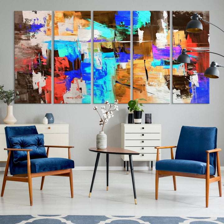 In a modern living room, the "Colorful Abstract Wall Art Canvas Print" serves as a stunning triptych centerpiece on museum-quality canvas, ready to hang. Its UV-protective coating ensures enduring vibrancy.