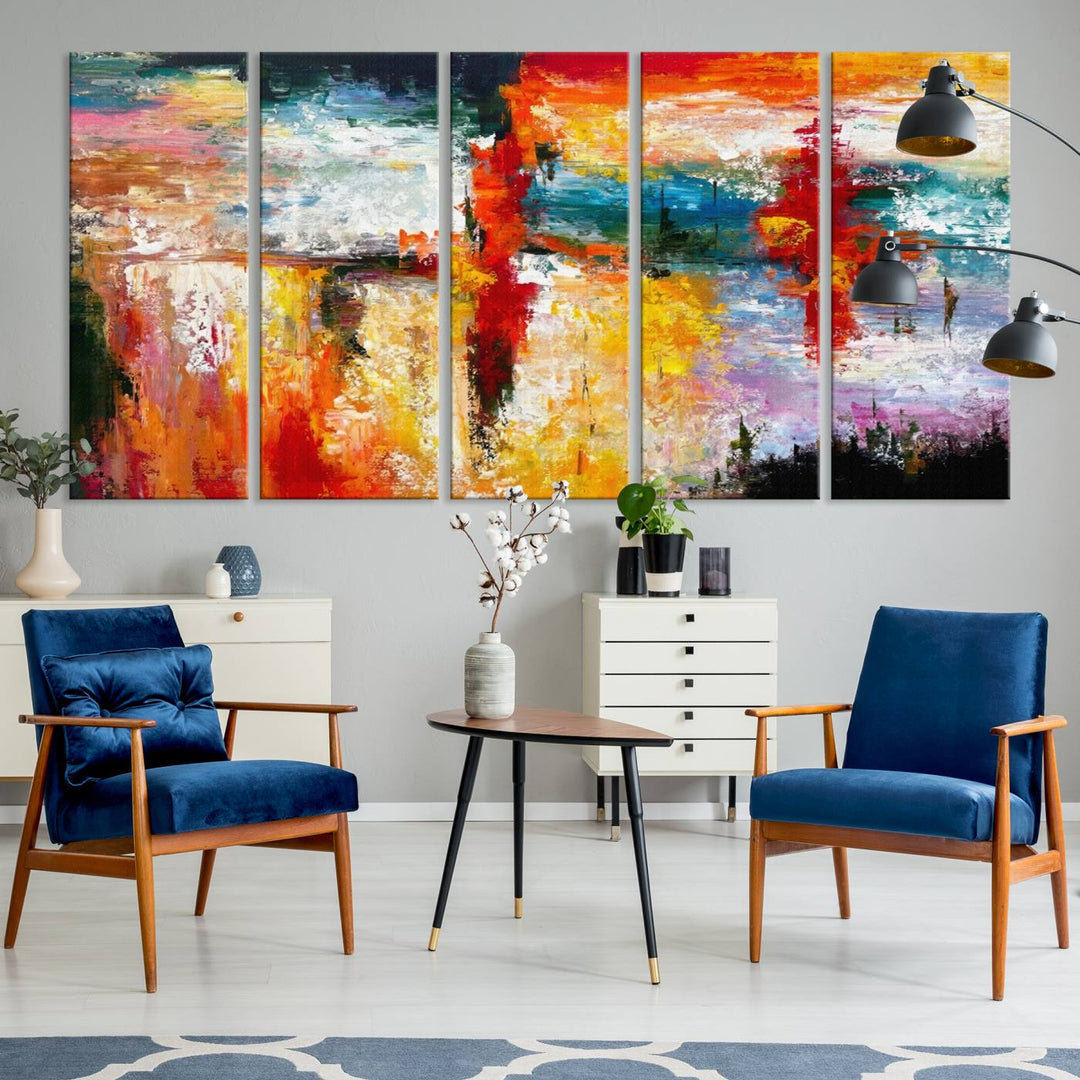 A Colorful Abstract Wall Art Canvas Print graces the wall, making this ready-to-hang masterpiece, complete with UV-protective coating, perfect for elevating any space with its vibrant allure.