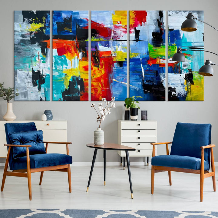 Three Colorful Abstract Wall Art Canvas Prints feature vibrant colors on museum-quality canvas and are finished with a UV-protective coating. Their ready-to-hang design allows for effortless transformation of your space.