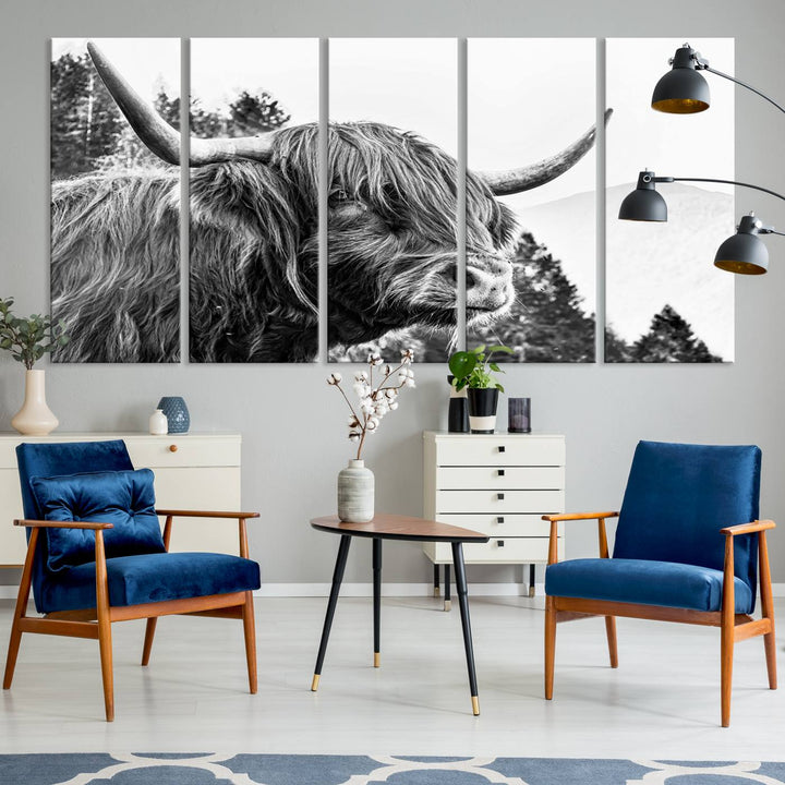 The Scottish Longhorn Wall Art Canvas Print features a highland cow with long horns and shaggy hair displayed on a museum-quality canvas. Equipped with a UV-protective coating for durability, it's ready to hang and enjoy for years to come.