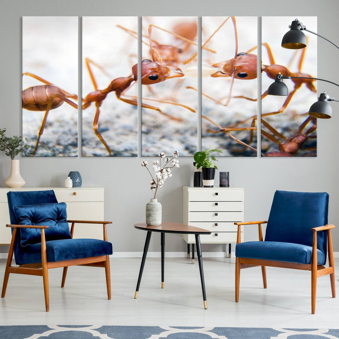 The "Ants Wall Art Canvas Print" features two ants facing each other, beautifully presented across three panels on museum-quality canvas with a UV-protective coating.