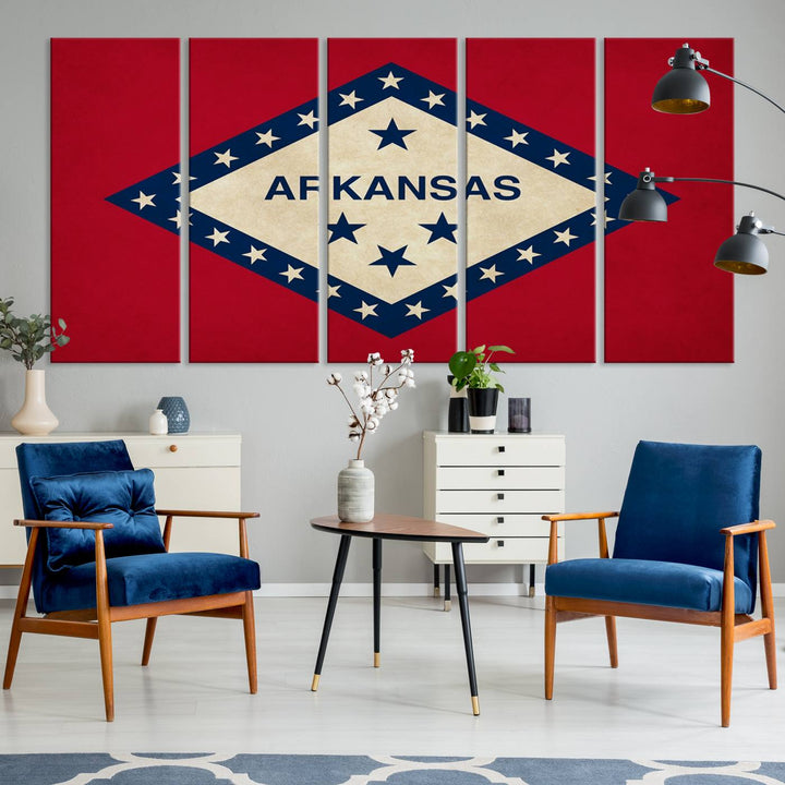 The Arkansas Flag Wall Art Canvas Print is displayed on gallery-wrapped, museum-quality canvases. Its vibrant colors are preserved by a UV-protective coating, ensuring long-lasting brilliance in your living space.