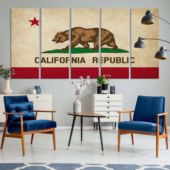 The Calinia States Flag Wall Art Canvas Print, featuring a bear and star design reminiscent of the California Republic flag, is crafted on museum-quality polycotton canvas with a UV-protective coating and is proudly made in the USA.