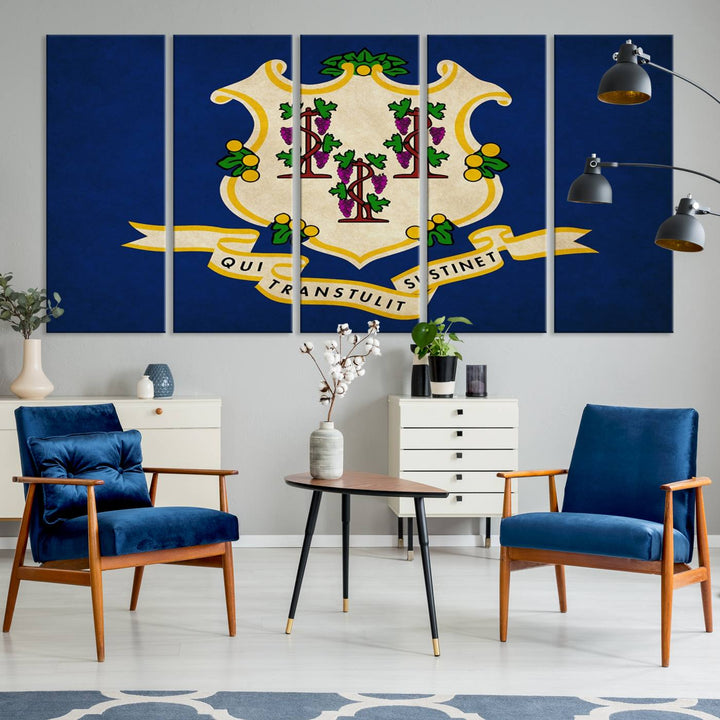 A "Size Connecticut States Flag Wall Art Canvas Print" hangs on the wall, its vibrancy preserved by a UV-protective coating.