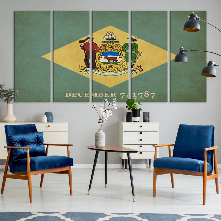 The Delaware States Flag Wall Art Canvas Print, featuring museum-quality material and a UV-protective coating, hangs elegantly, ready to be admired.