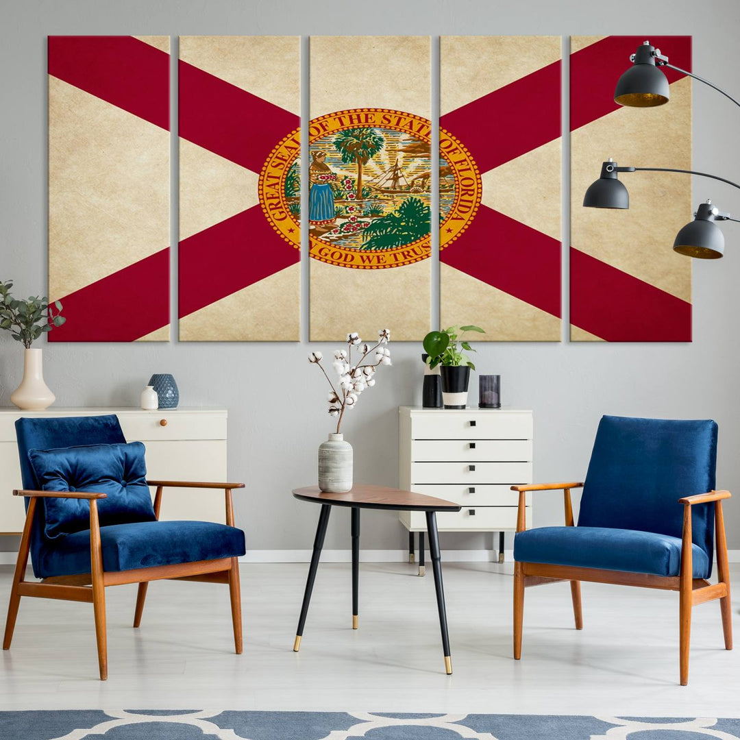 A Florida States Flag Wall Art Canvas Print, featuring a UV-protective coating for museum-quality preservation, is displayed.