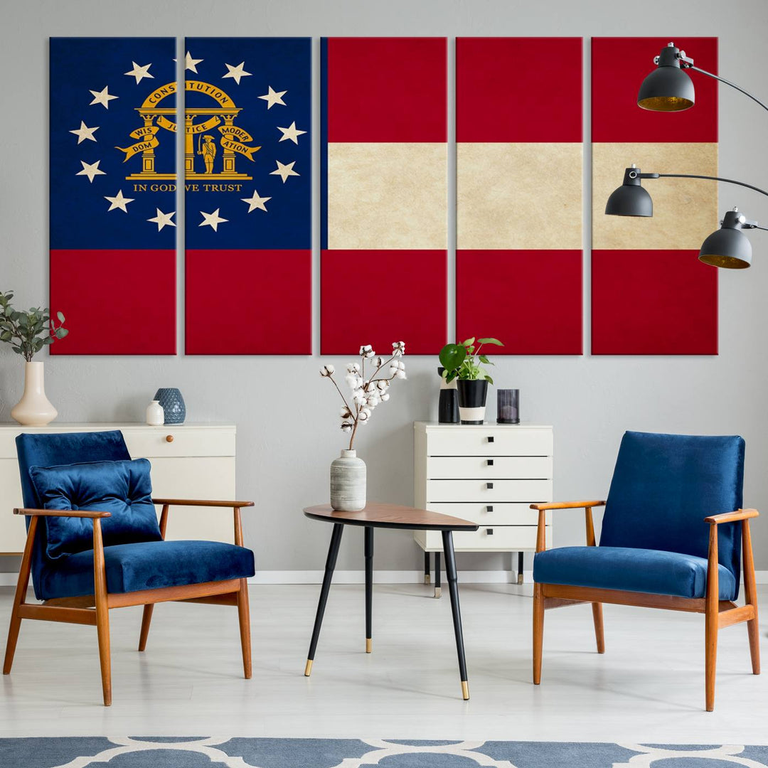 The Georgia States Flag Wall Art Canvas Print, coated with UV protection to preserve its vibrant colors, hangs on the wall.