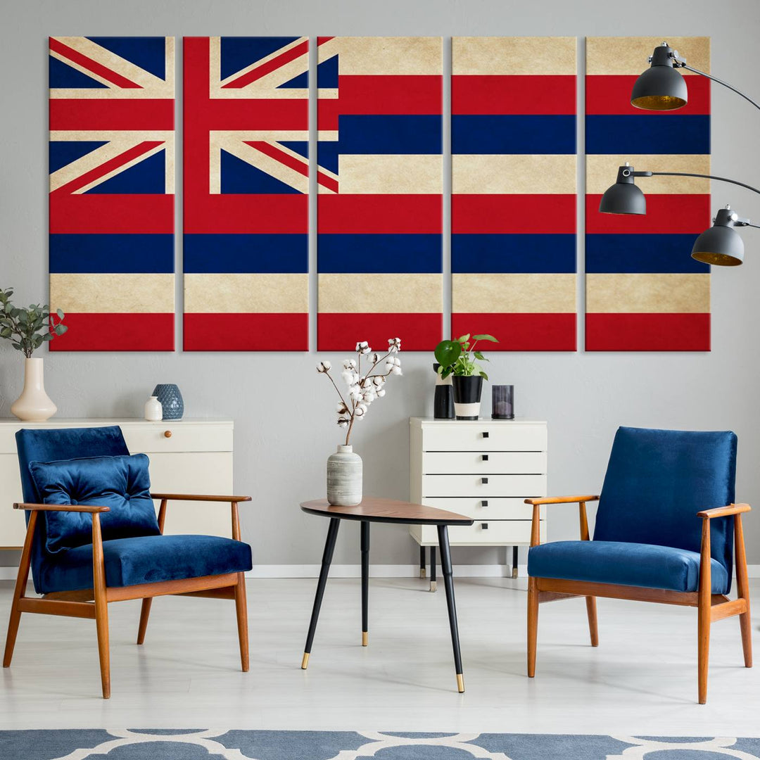 A stunning piece titled "Hawaii USA States Flag Wall Art Canvas Print" adorns the wall. This gallery-wrapped artwork is printed on museum-quality canvas and features a UV-protective coating, ensuring its vibrant colors remain timelessly beautiful.