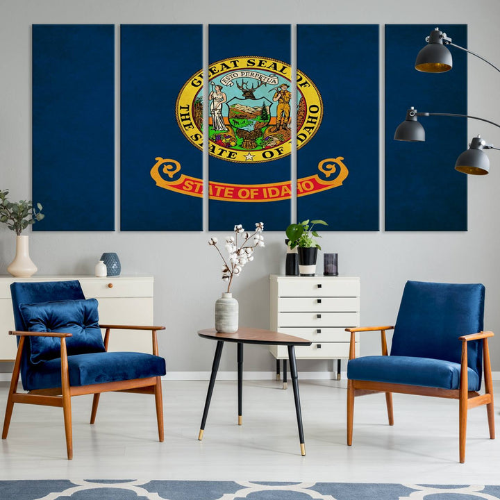 The Idaho USA States Flag Wall Art Canvas Print, featuring a UV-protective coating for lasting vibrancy, is ready to hang.