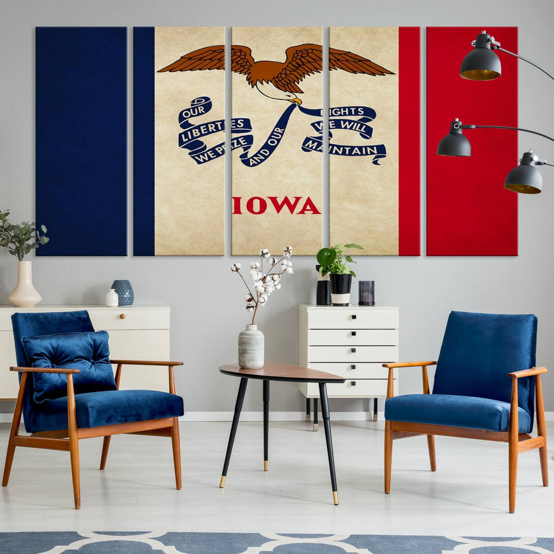 A beautiful Iowa States Flag Wall Art enhances the area, made on museum-quality canvas and boasting a gallery-wrapped design for enduring elegance.