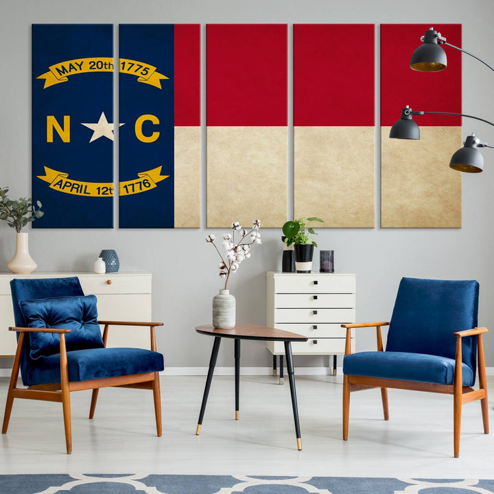 A museum-quality North Carolina State Flag Wall Art Canvas Print graces the wall, adding charm and character to any living space. Enjoy free shipping on this timeless piece.